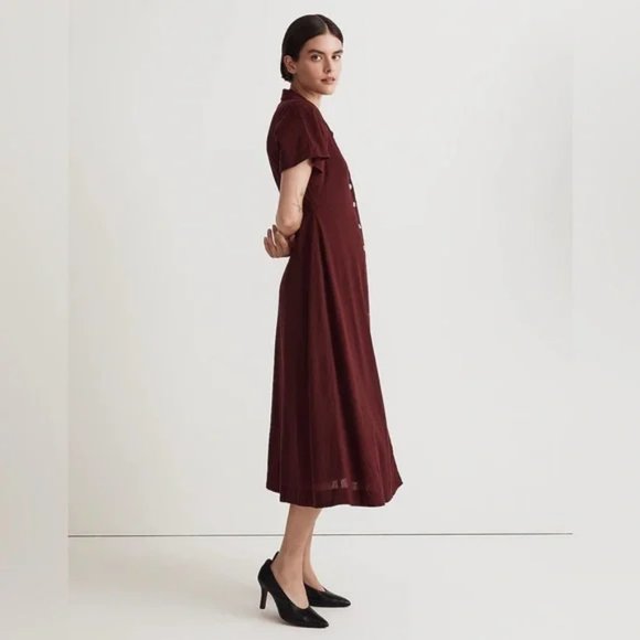 NWT Madewell | Crinkle Cotton Button-Front Midi Dress in Burgundy Size 0 - Picture 2 of 11